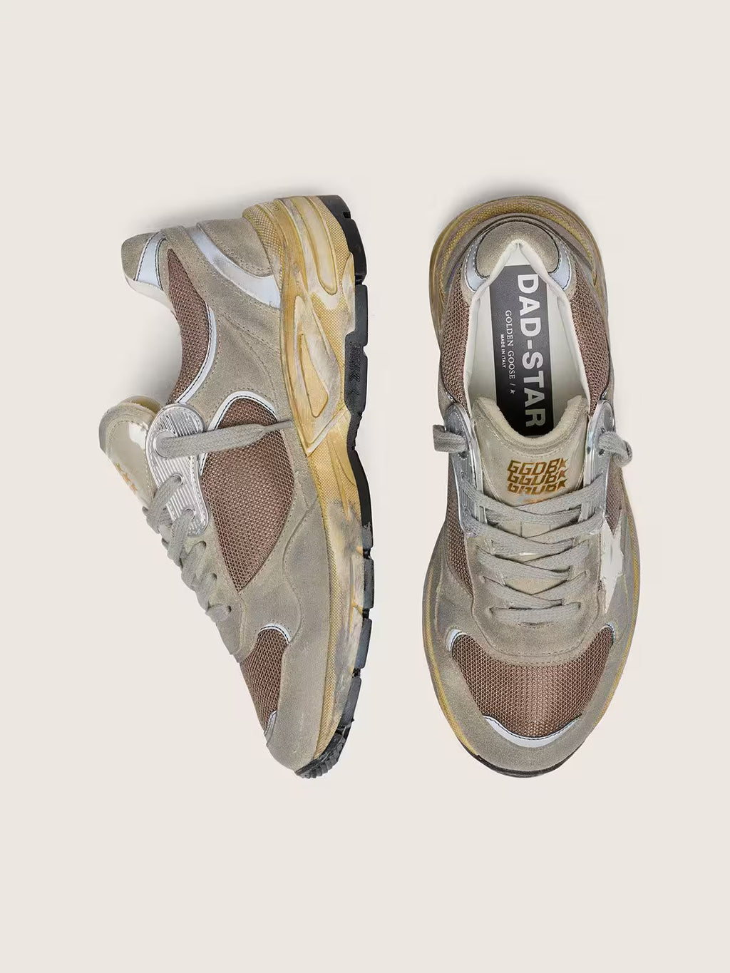 Golden Goose Dad-Star in dove-gray suede and silver mesh with white leather star and suede heel tab