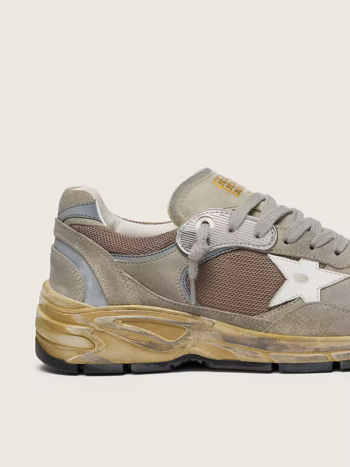 Golden Goose Dad-Star in dove-gray suede and silver mesh with white leather star and suede heel tab