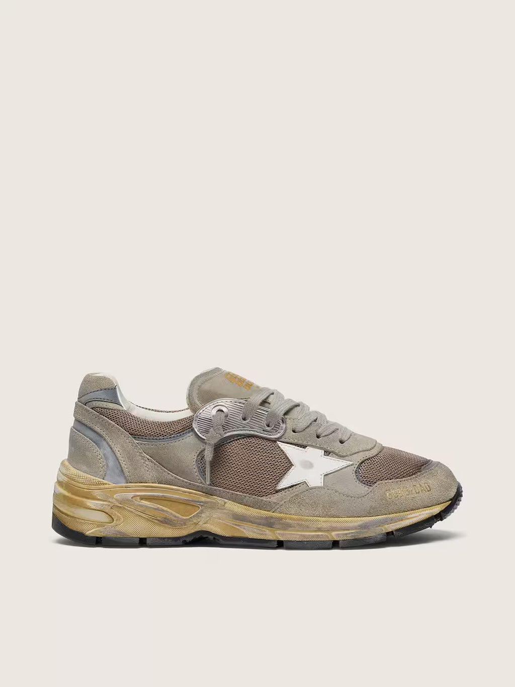 Golden Goose Dad-Star in dove-gray suede and silver mesh with white leather star and suede heel tab