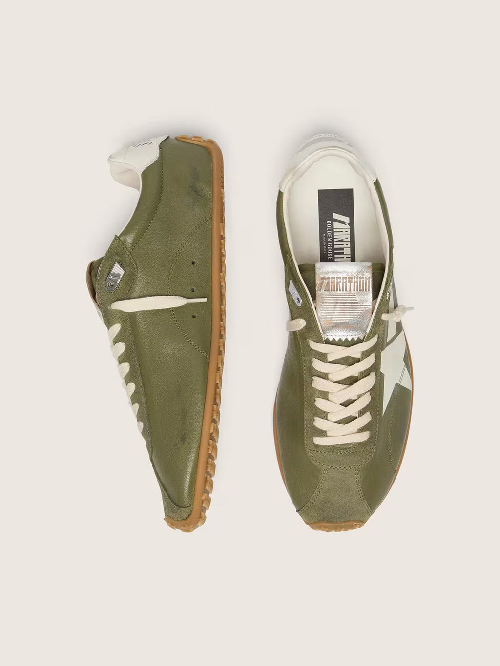Golden Goose Marathon Speed in olive-green leather with cream star