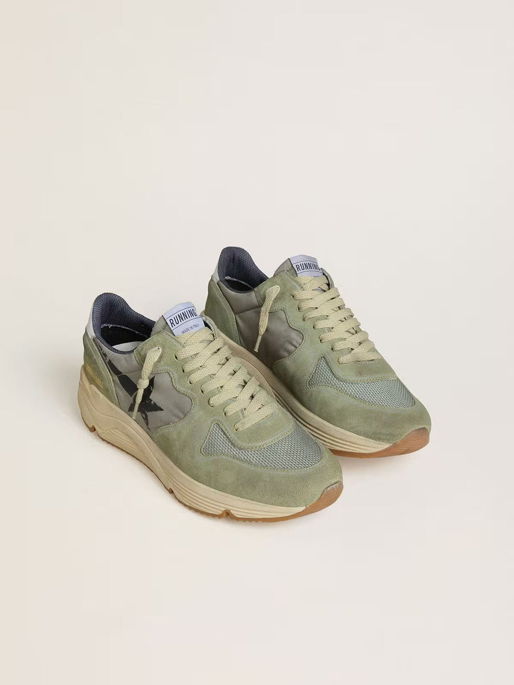 Golden Goose Running Sole in sage-green nylon and suede with printed black star
