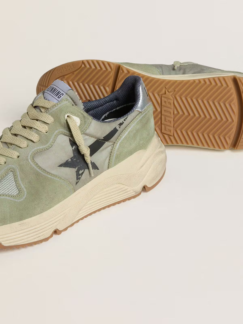 Golden Goose Running Sole in sage-green nylon and suede with printed black star