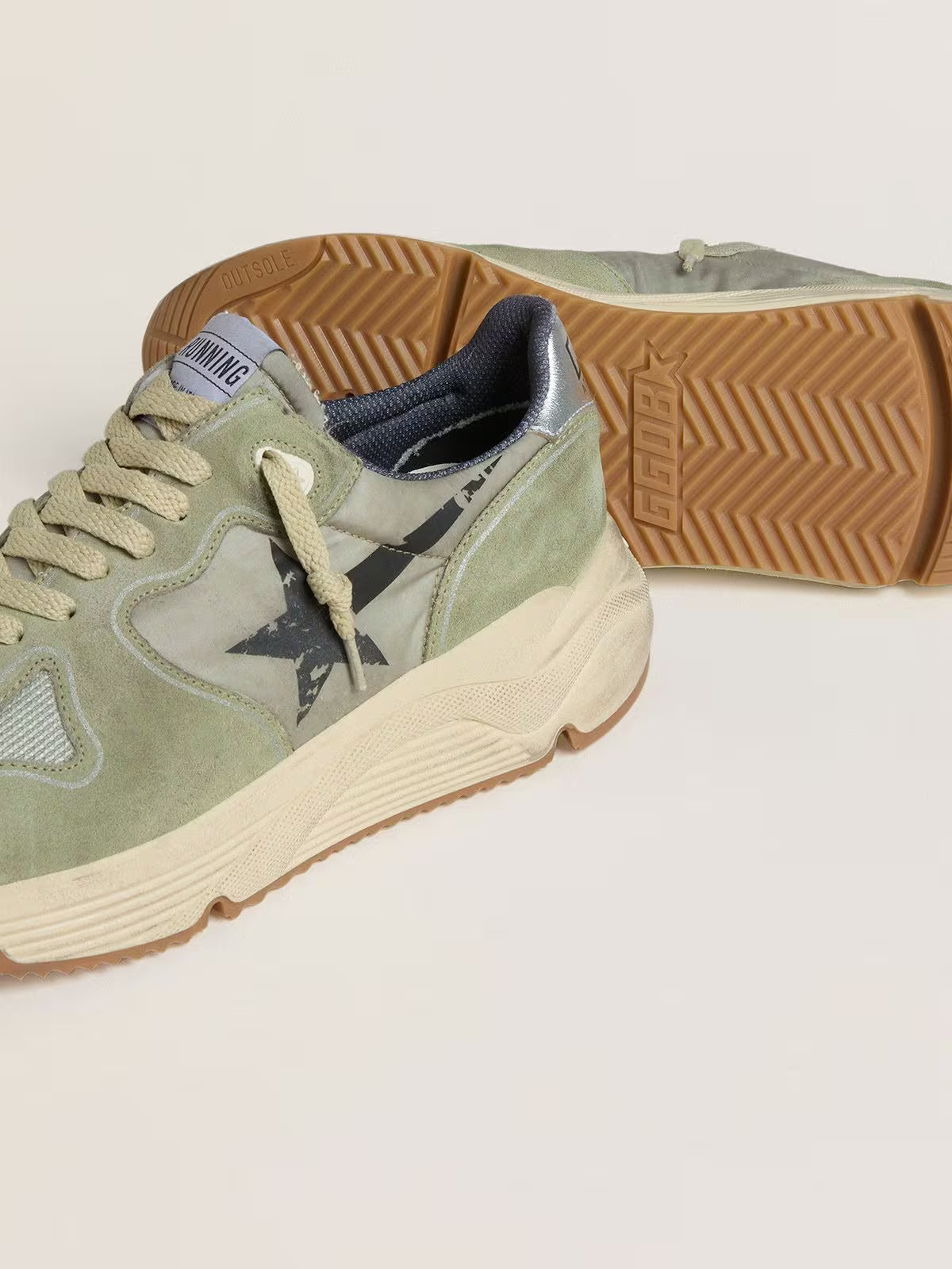 Golden Goose Running Sole in sage-green nylon and suede with printed black star