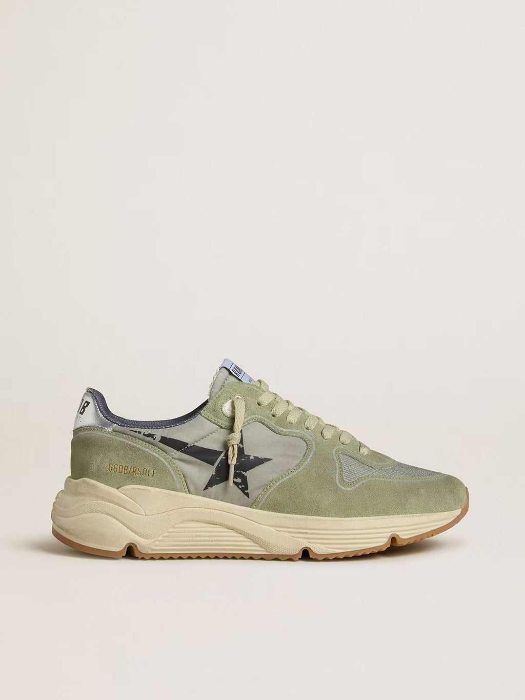 Golden Goose Running Sole in sage-green nylon and suede with printed black star