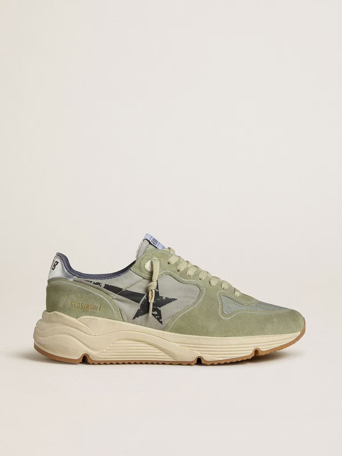 Golden Goose Running Sole in sage-green nylon and suede with printed black star
