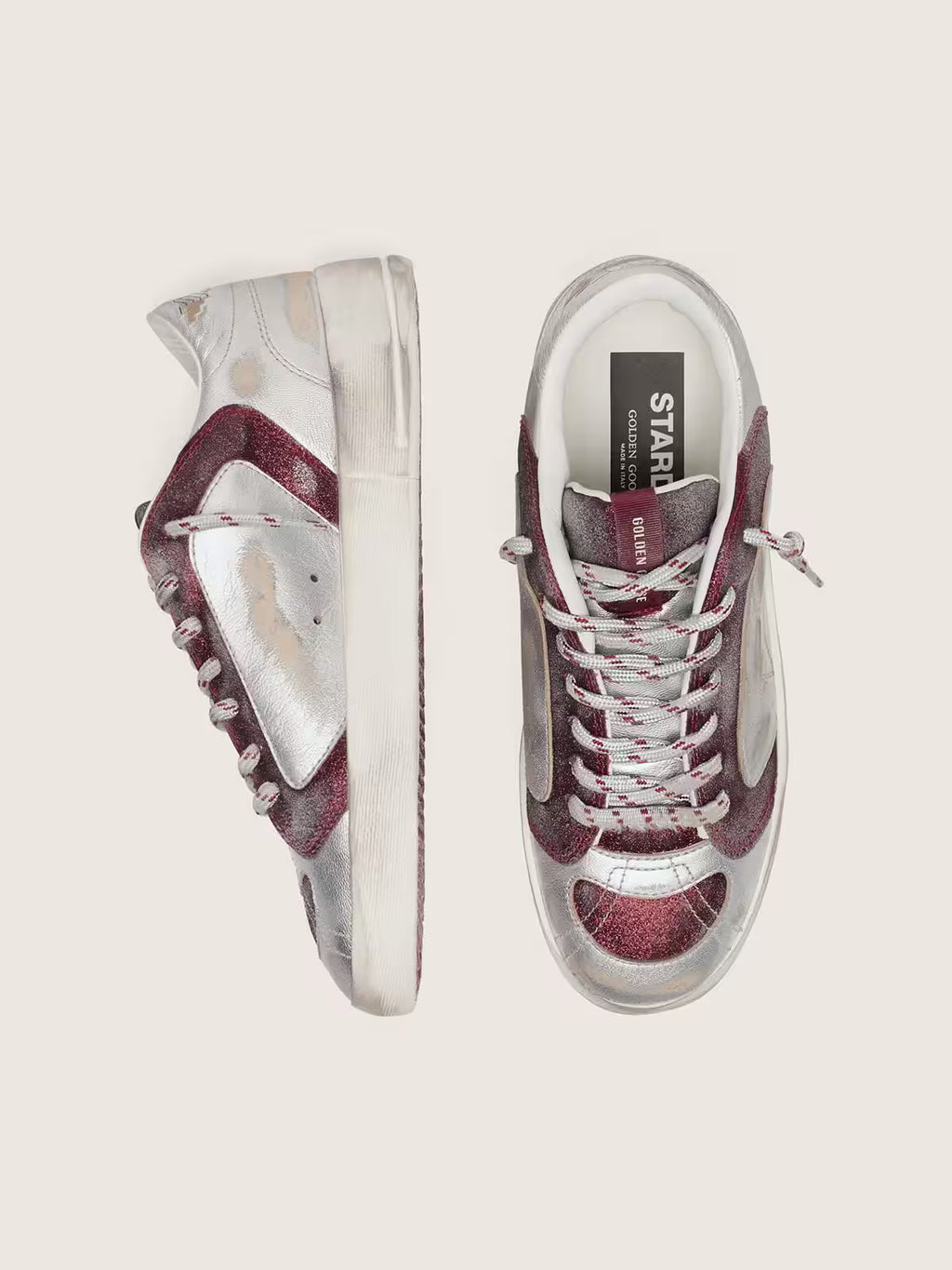 Golden Goose Stardan LAB in burgundy and silver leather and glitter
