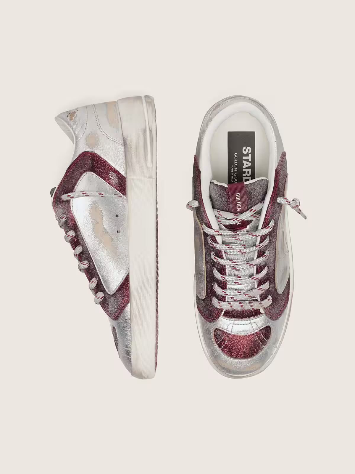 Golden Goose Stardan LAB in burgundy and silver leather and glitter