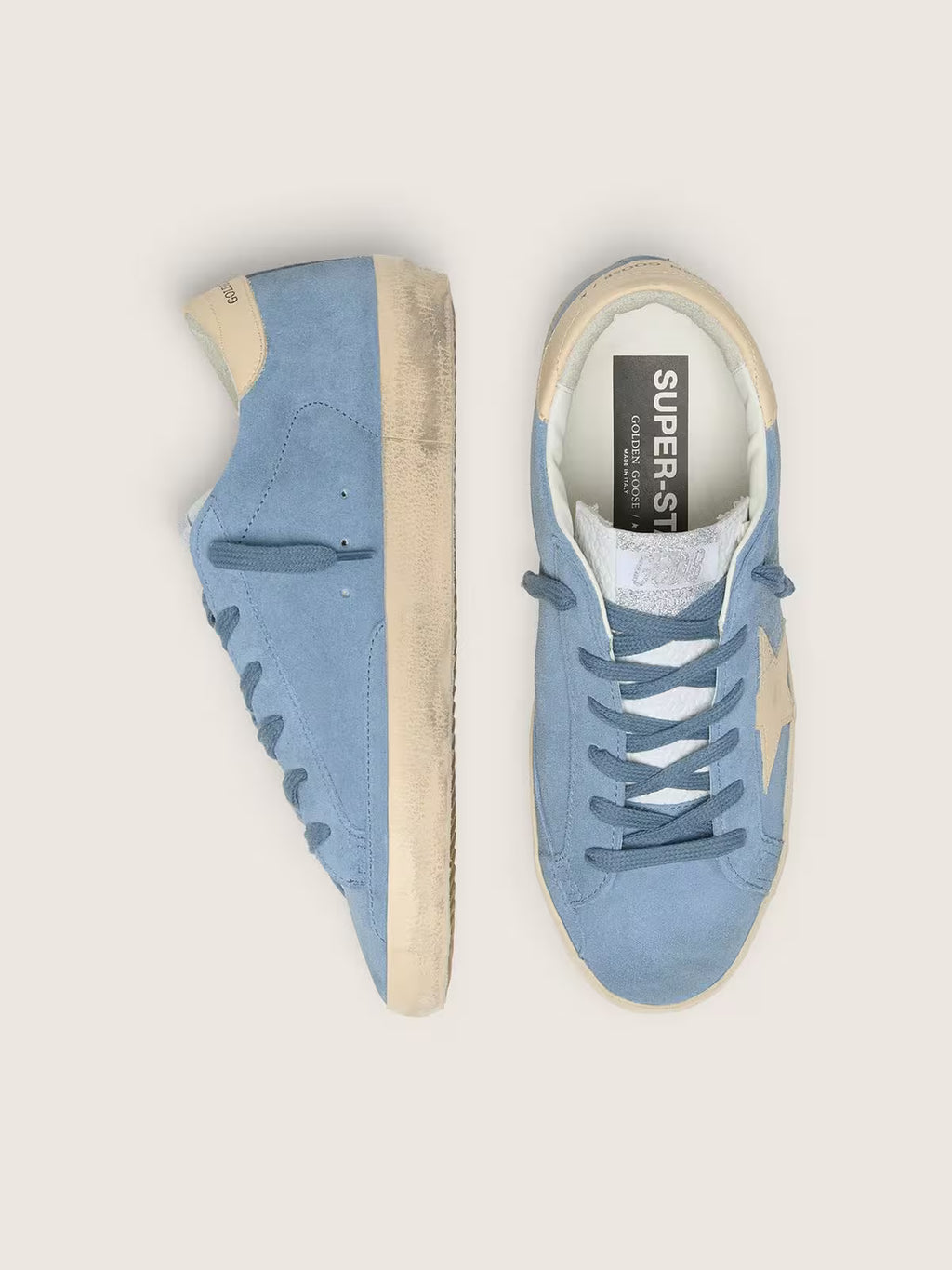 Golden Goose Super-Star in light blue suede with beige leather star and heel tab