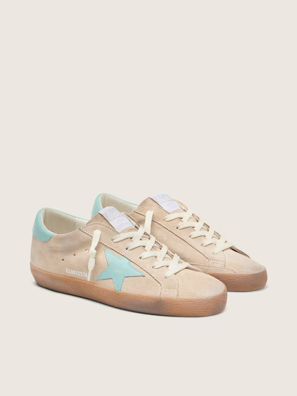 Golden Goose Super-Star in beige suede with aqua-green star