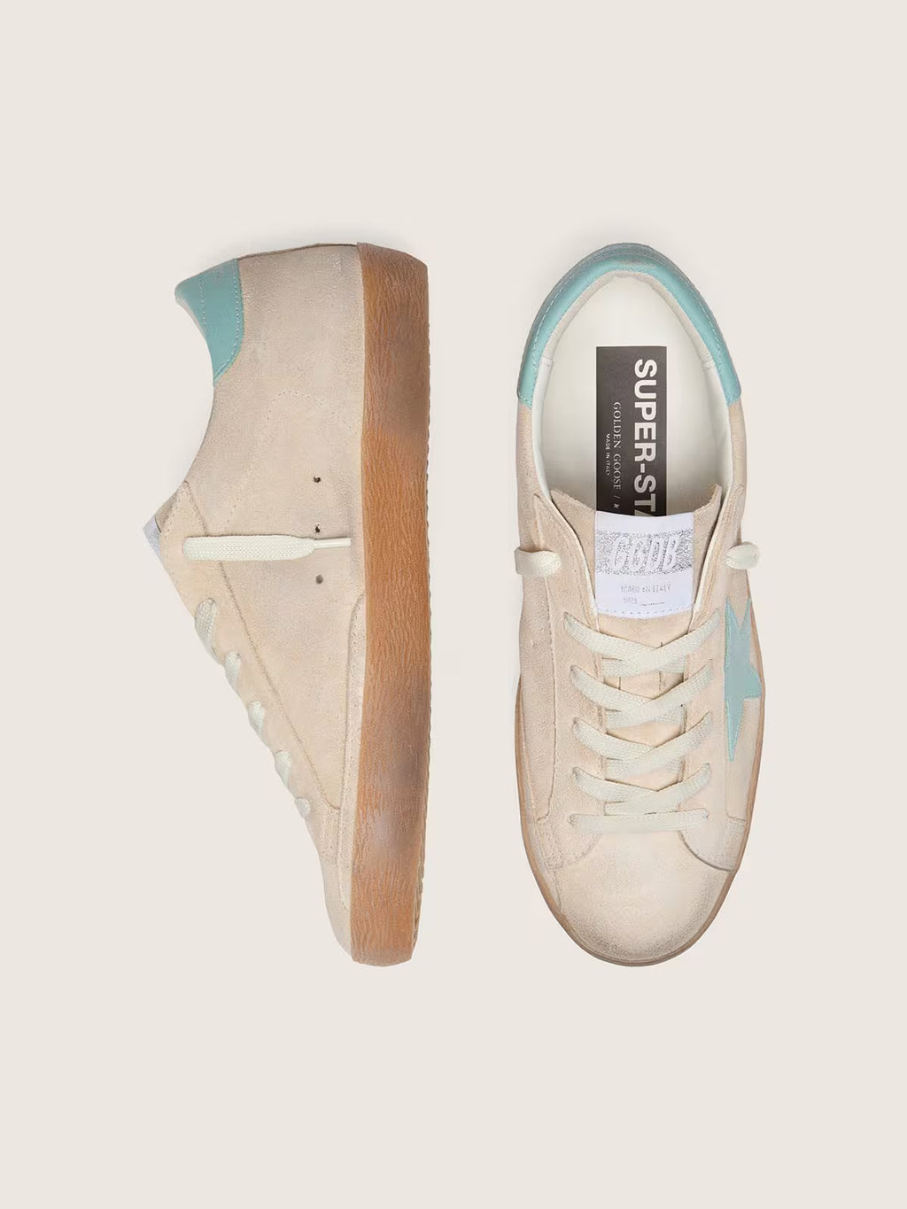 Golden Goose Super-Star in beige suede with aqua-green star
