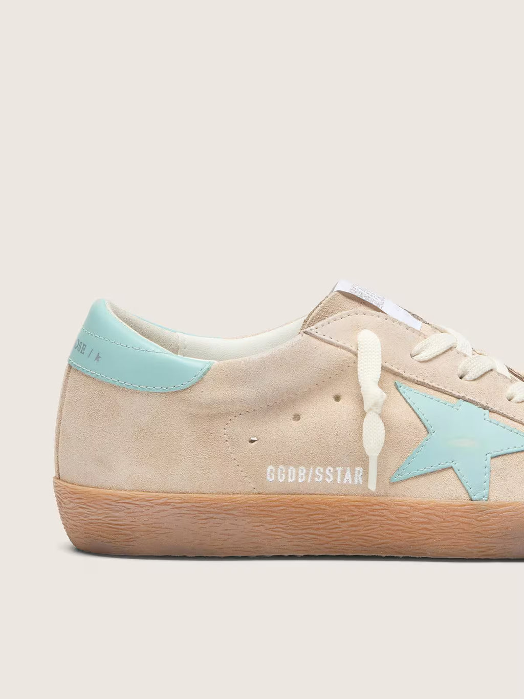 Golden Goose Super-Star in beige suede with aqua-green star