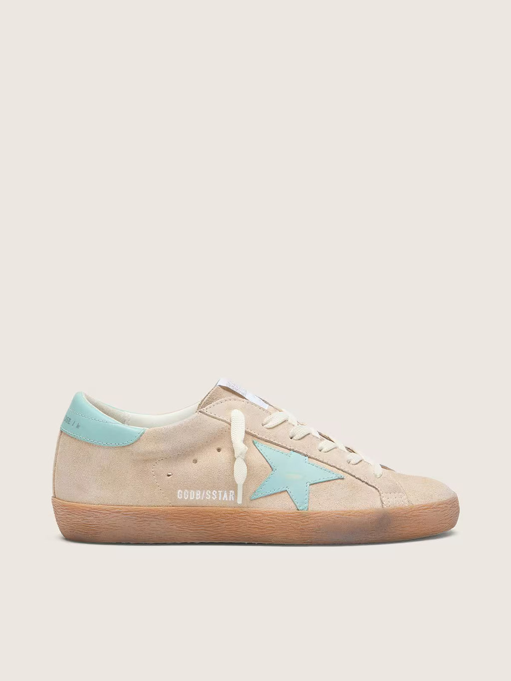 Golden Goose Super-Star in beige suede with aqua-green star