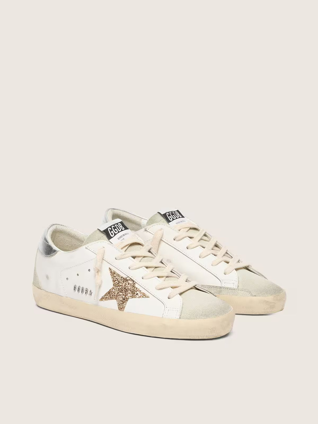 Golden Goose Super-Star with gold glitter star and ice-gray suede inserts