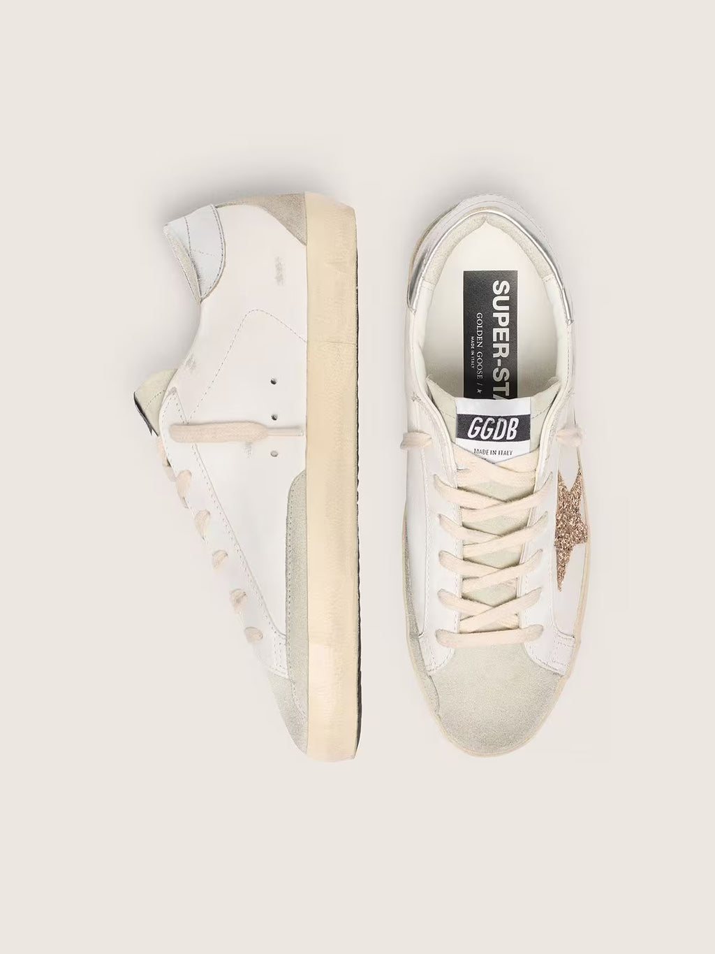 Golden Goose Super-Star with gold glitter star and ice-gray suede inserts
