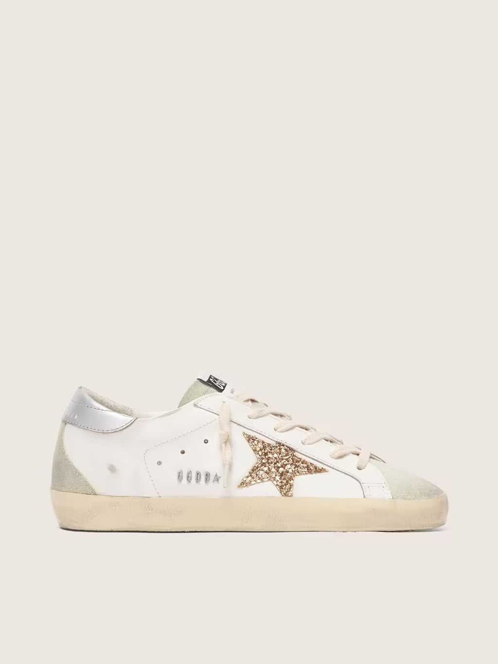 Golden Goose Super-Star with gold glitter star and ice-gray suede inserts