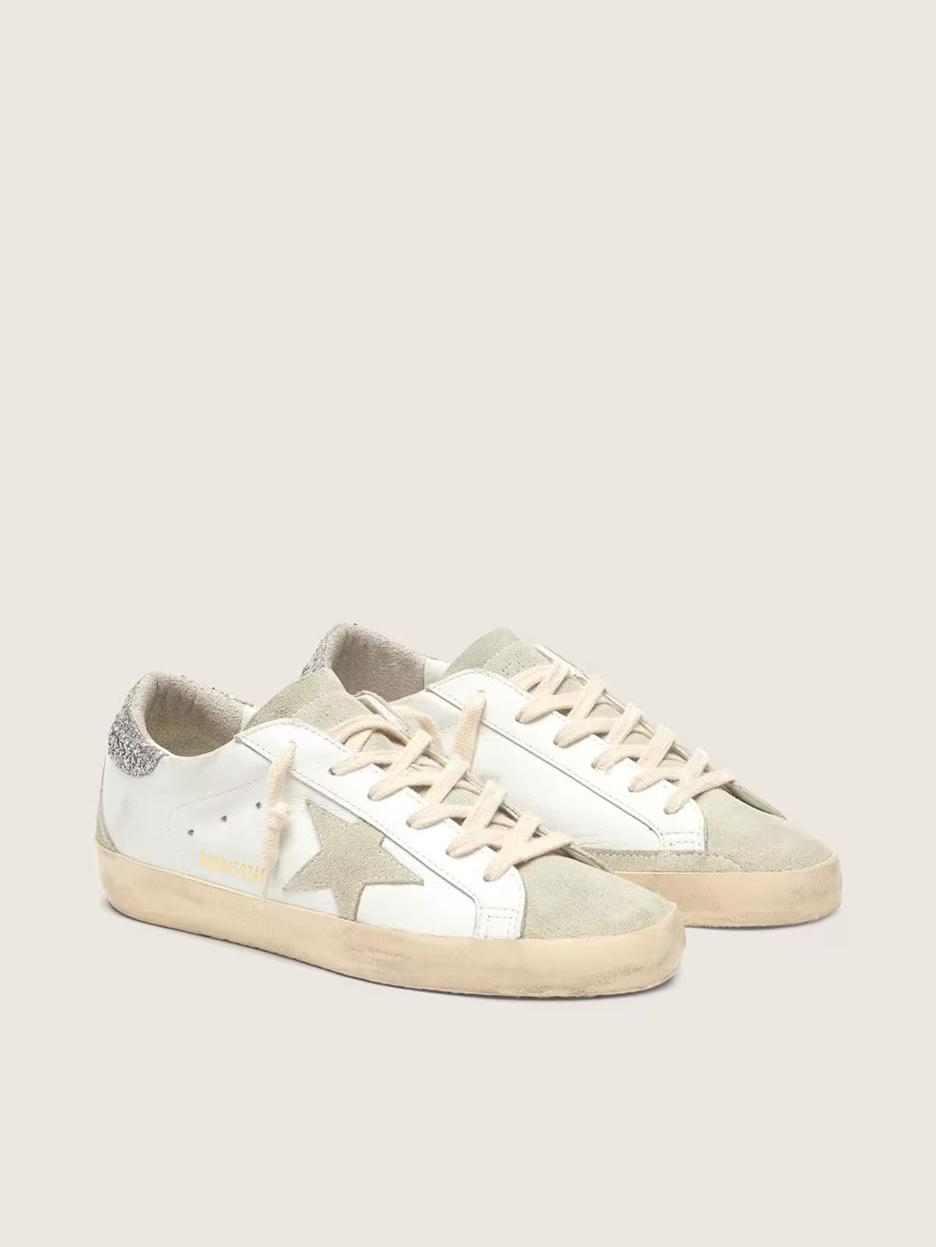 Golden Goose Super-Star with gray star and silver glitter heel tab