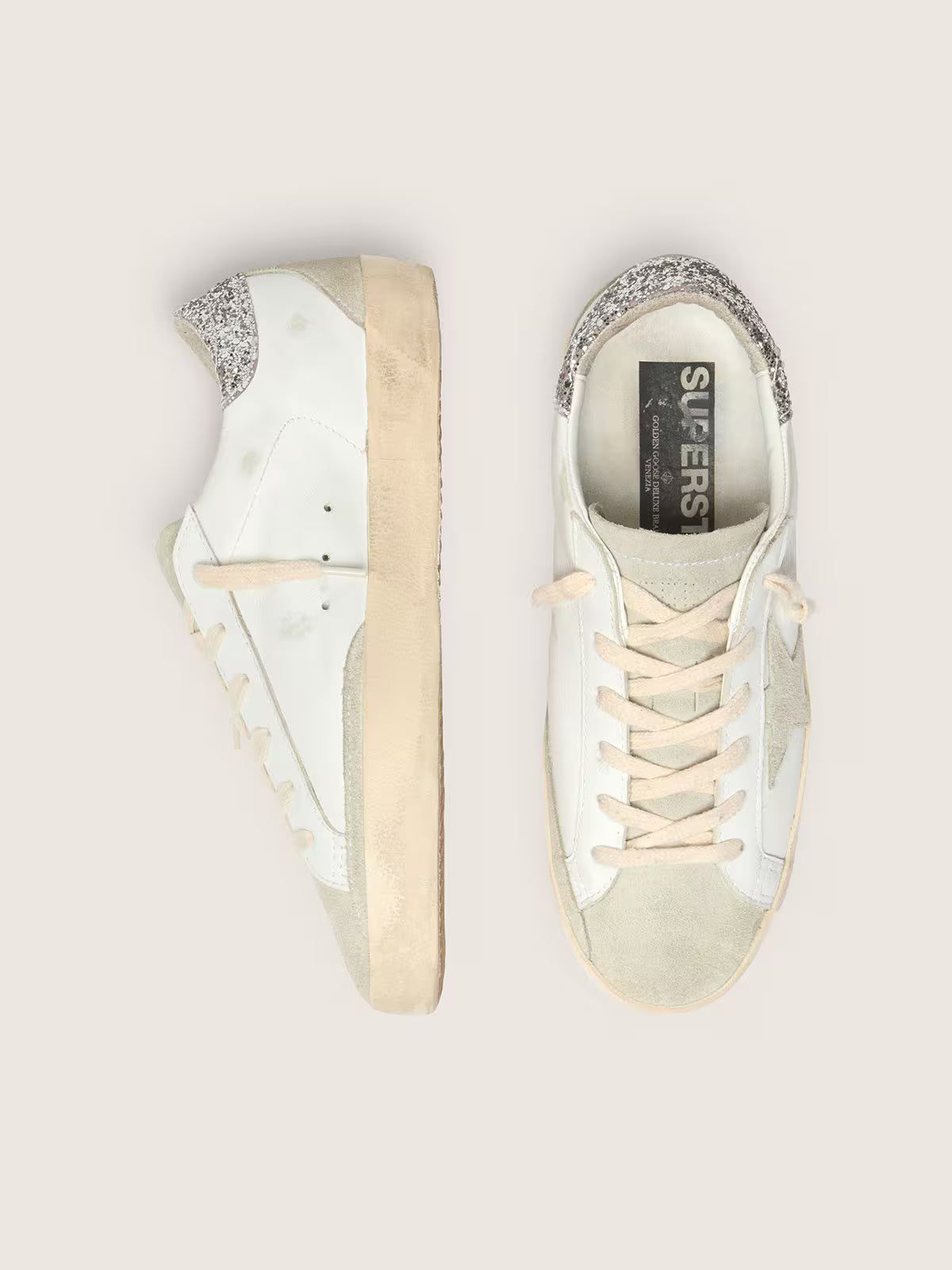 Golden Goose Super-Star with gray star and silver glitter heel tab