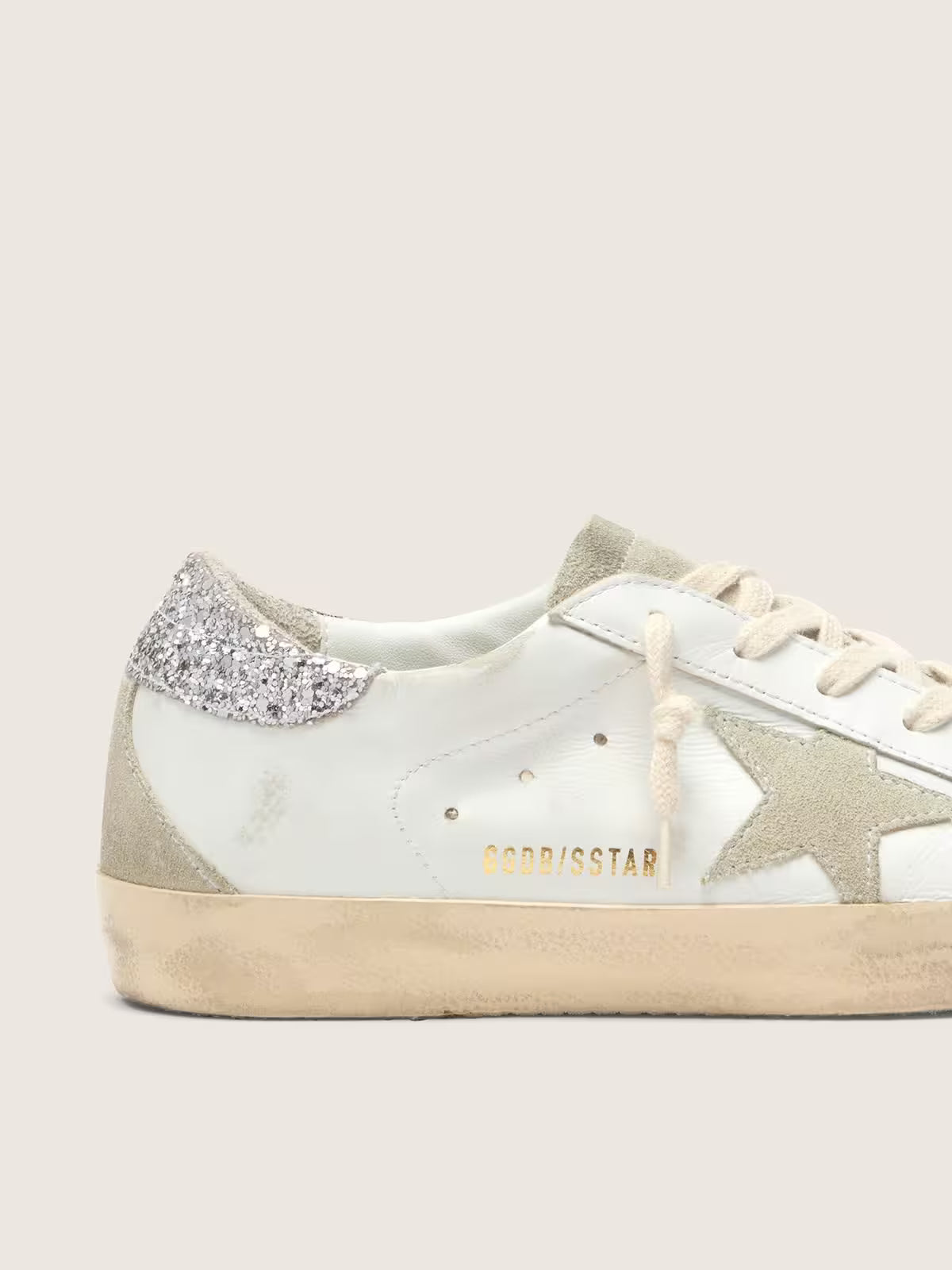 Golden Goose Super-Star with gray star and silver glitter heel tab