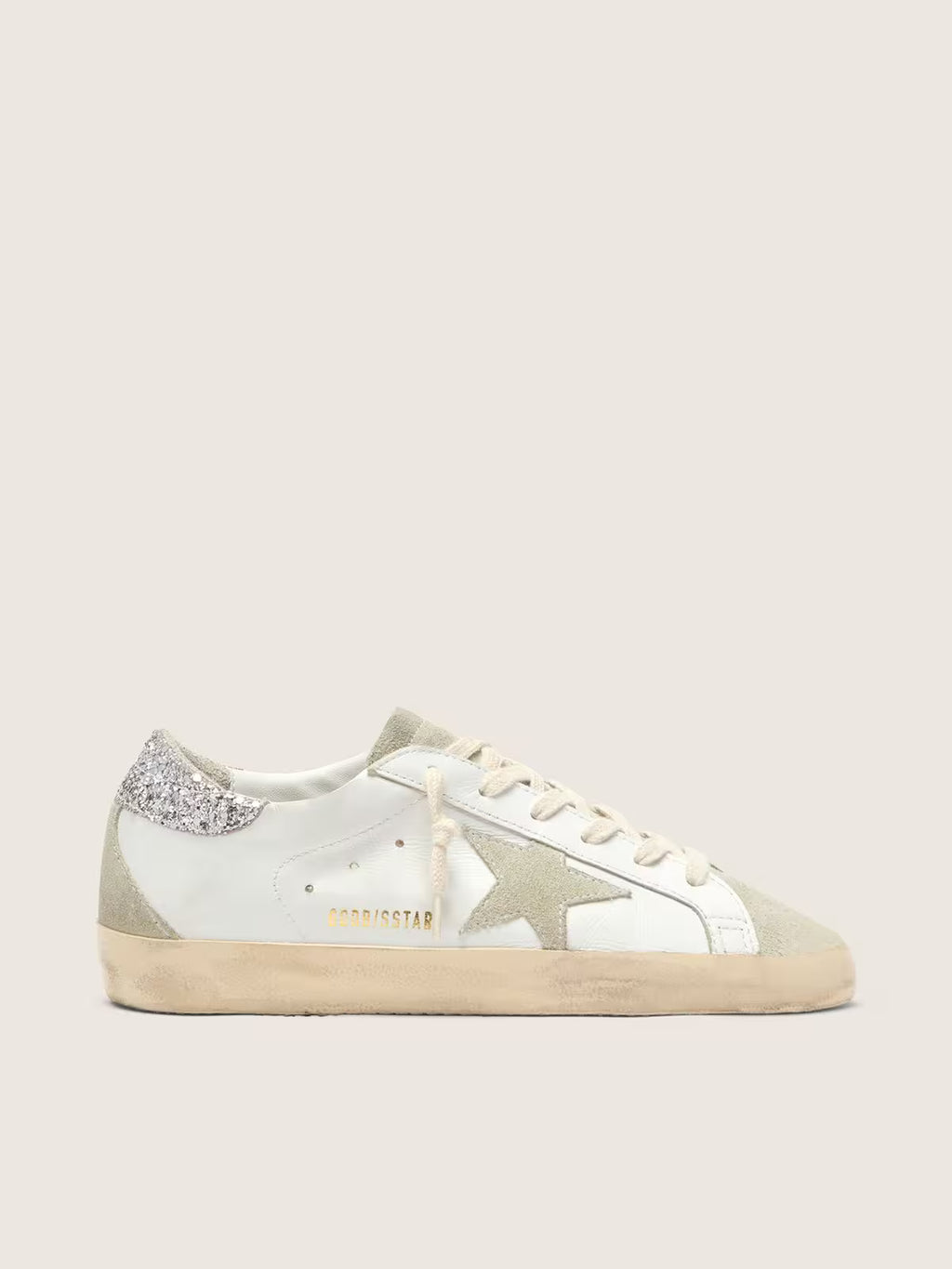 Golden Goose Super-Star with gray star and silver glitter heel tab