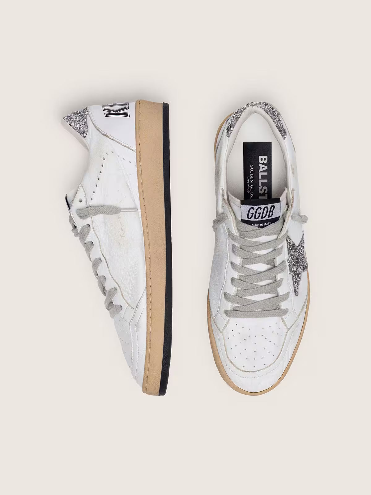 Golden Goose Ball Star in nappa with silver glitter star and heel tab