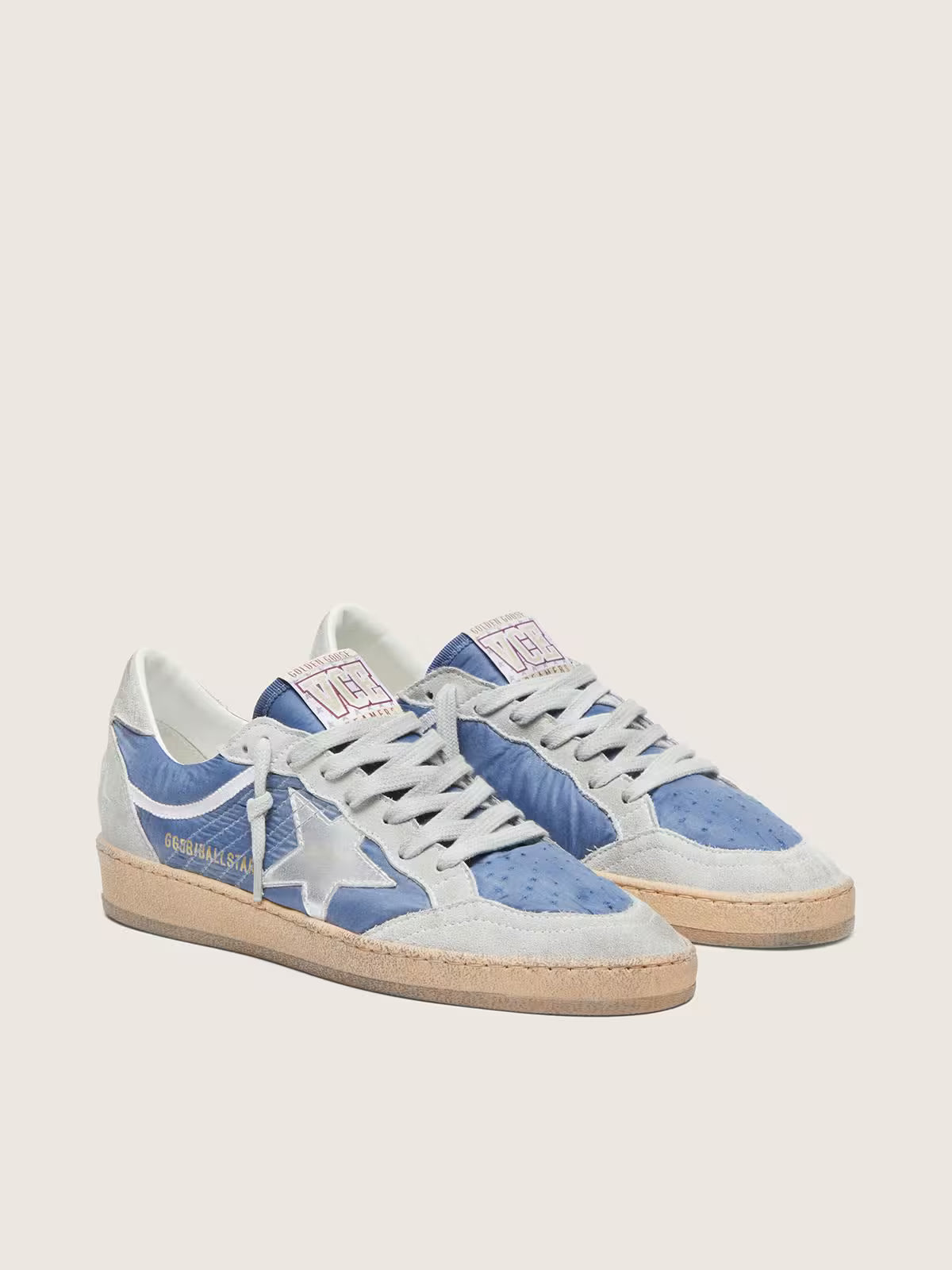 Golden Goose Ball Star in denim-blue nylon with light gray suede inserts and metallic silver leather star