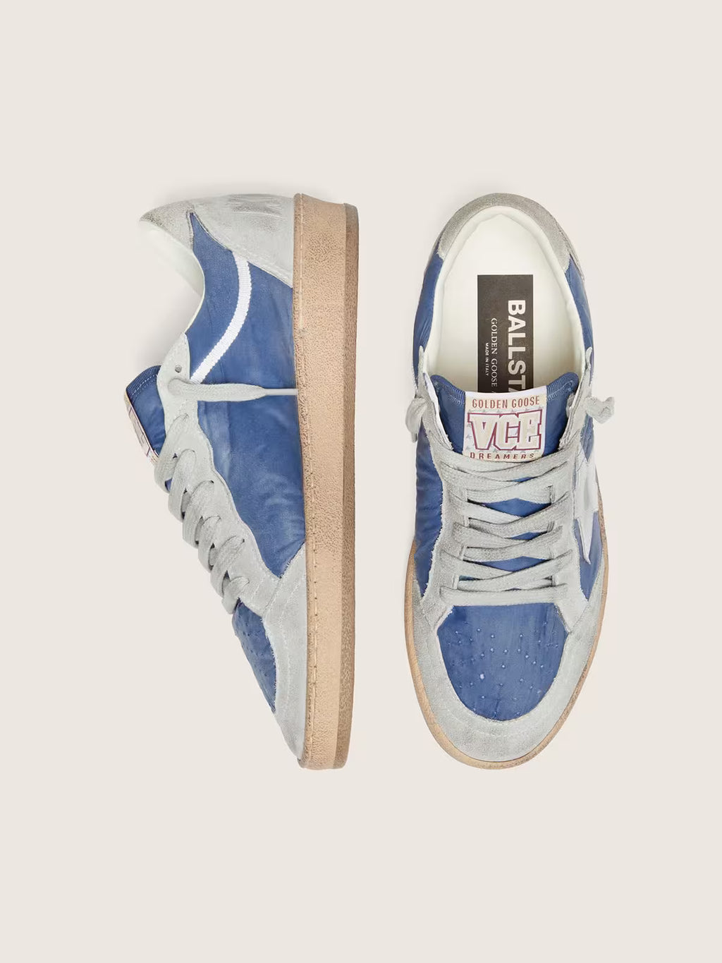 Golden Goose Ball Star in denim-blue nylon with light gray suede inserts and metallic silver leather star