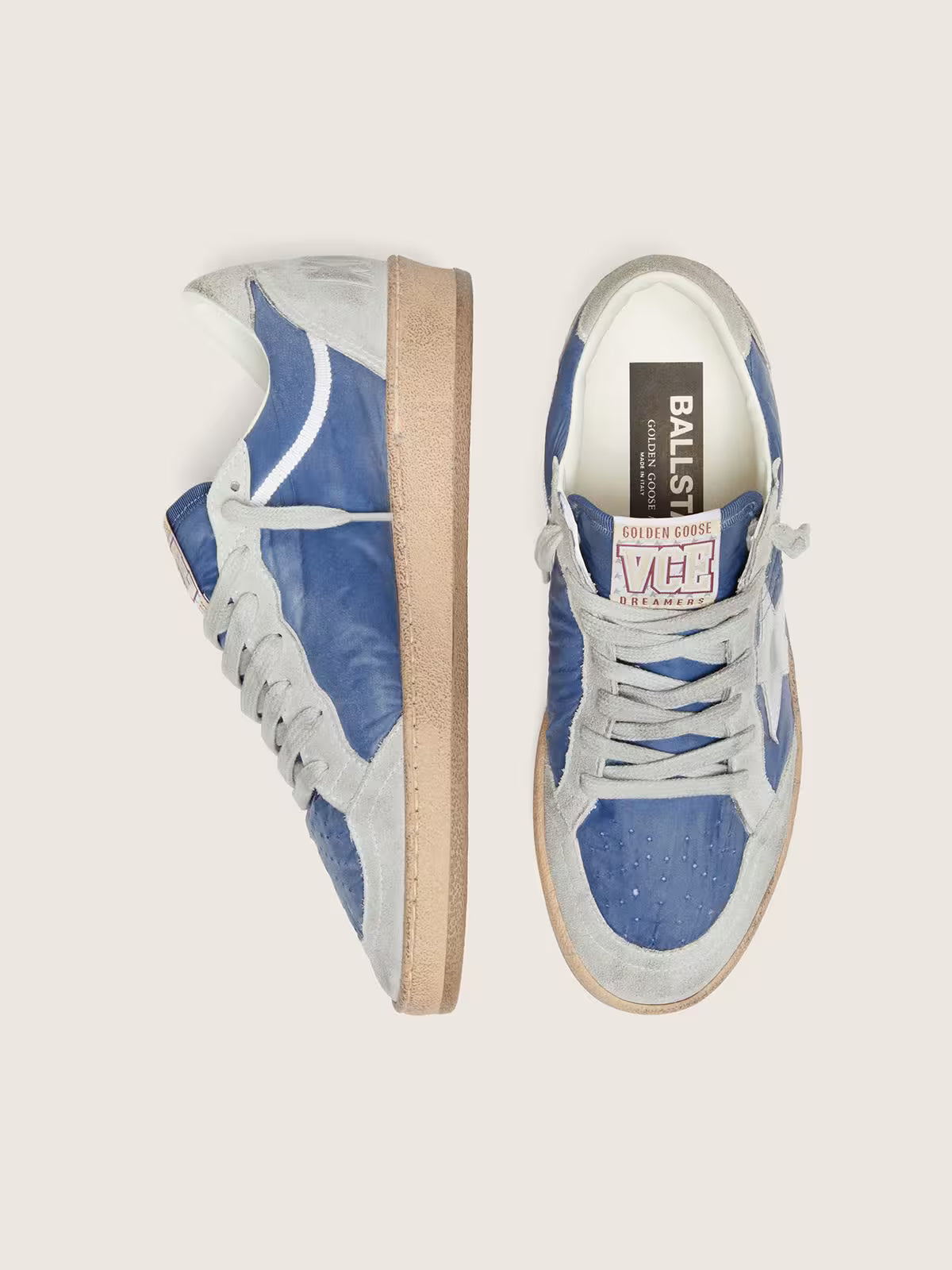 Golden Goose Ball Star in denim-blue nylon with light gray suede inserts and metallic silver leather star