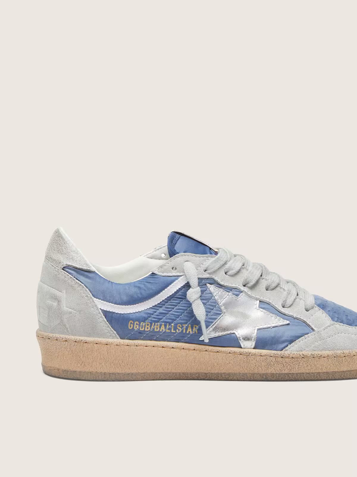 Golden Goose Ball Star in denim-blue nylon with light gray suede inserts and metallic silver leather star