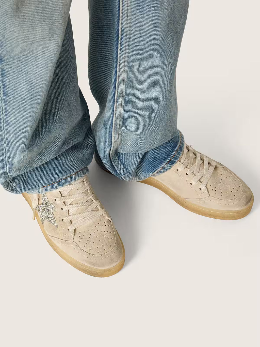 Golden Goose Ball Star in pearl suede with silver glitter star
