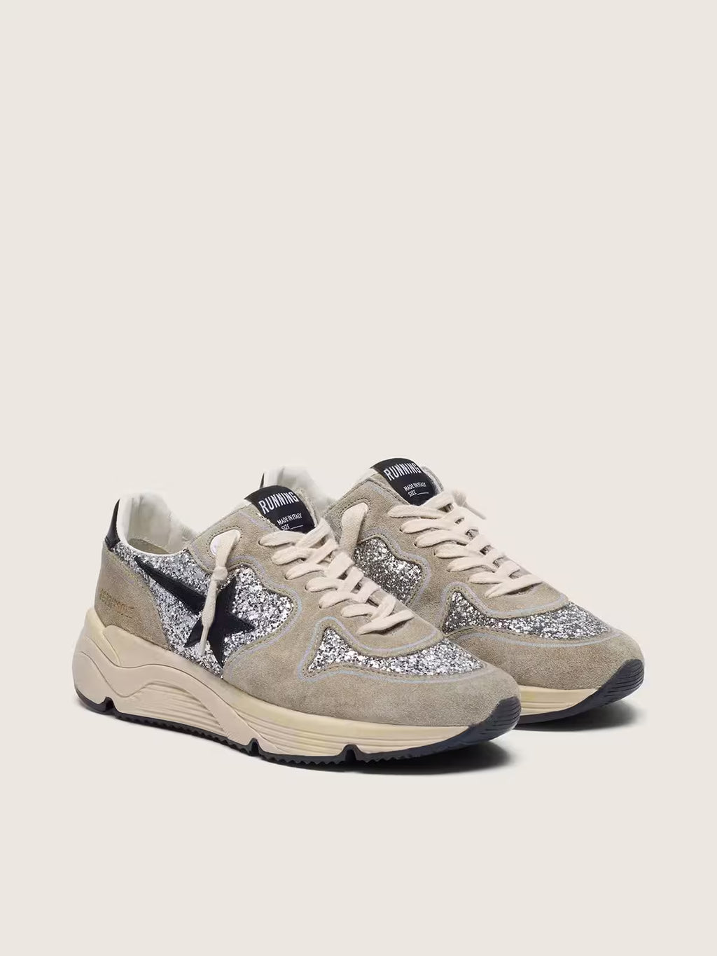 Golden Goose Running Sole in silver glitter and dove gray suede