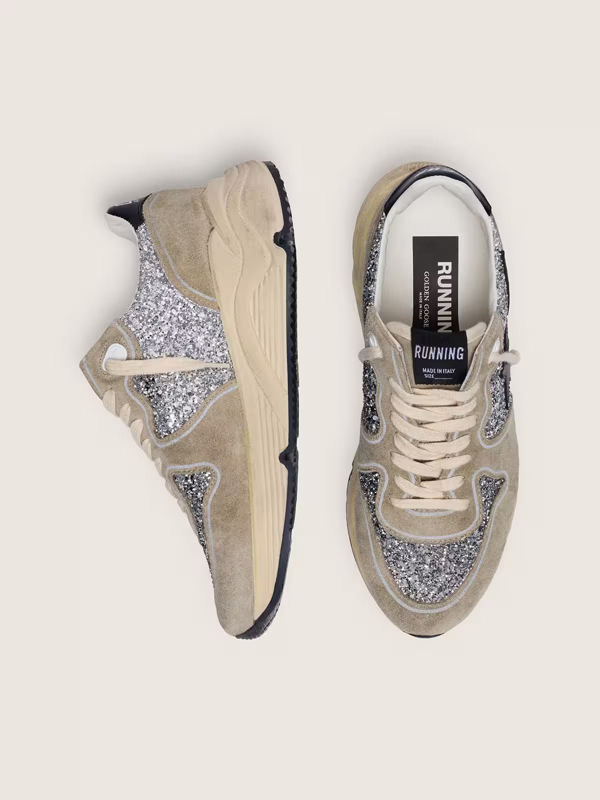 Golden Goose Running Sole in silver glitter and dove gray suede