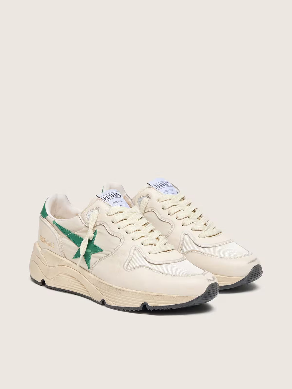 Golden Goose Running Sole in cream nylon and leather with green leather star