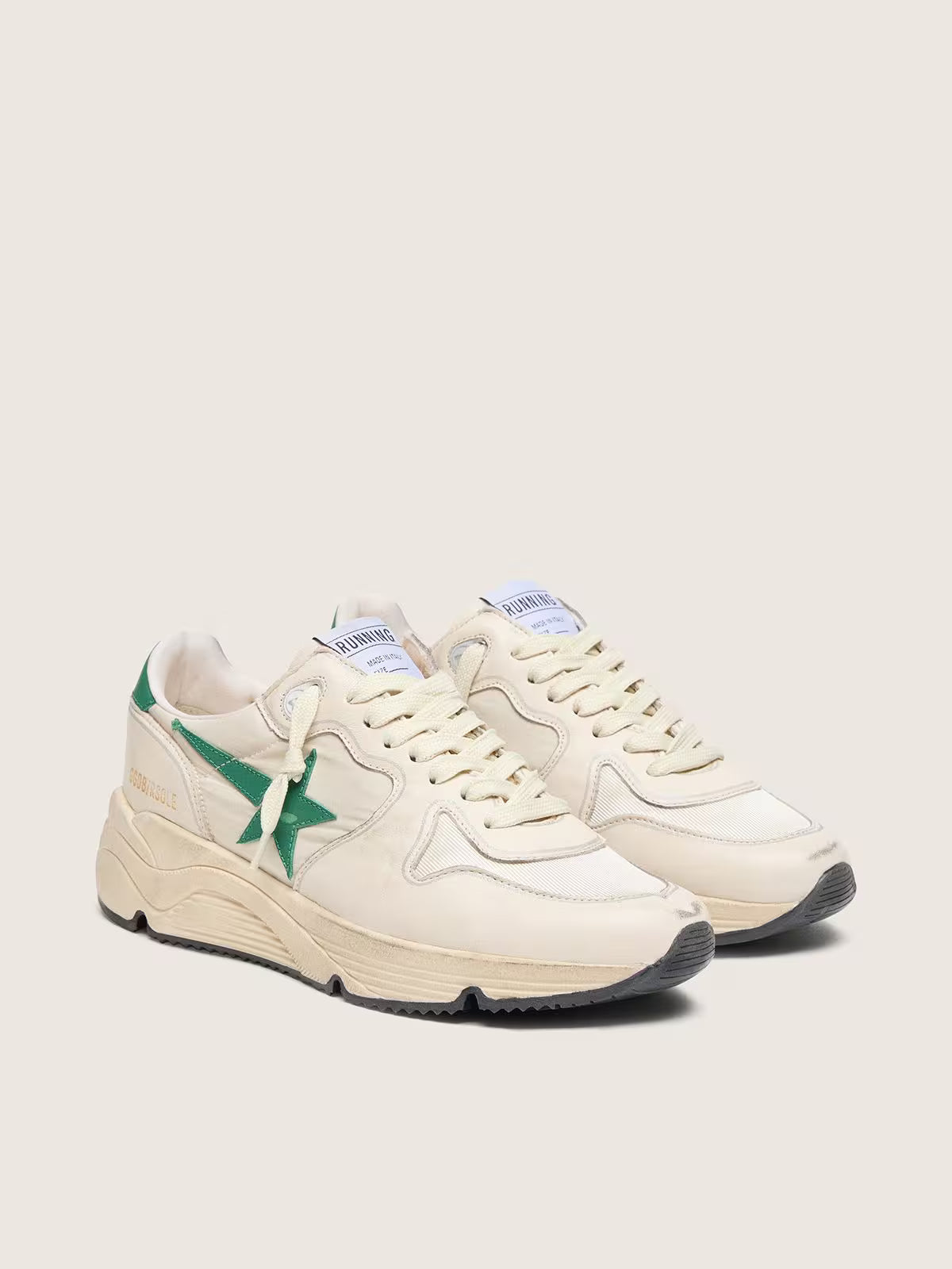 Golden Goose Running Sole in cream nylon and leather with green leather star