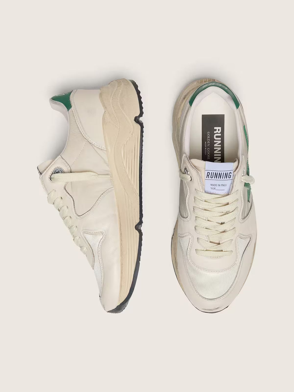 Golden Goose Running Sole in cream nylon and leather with green leather star
