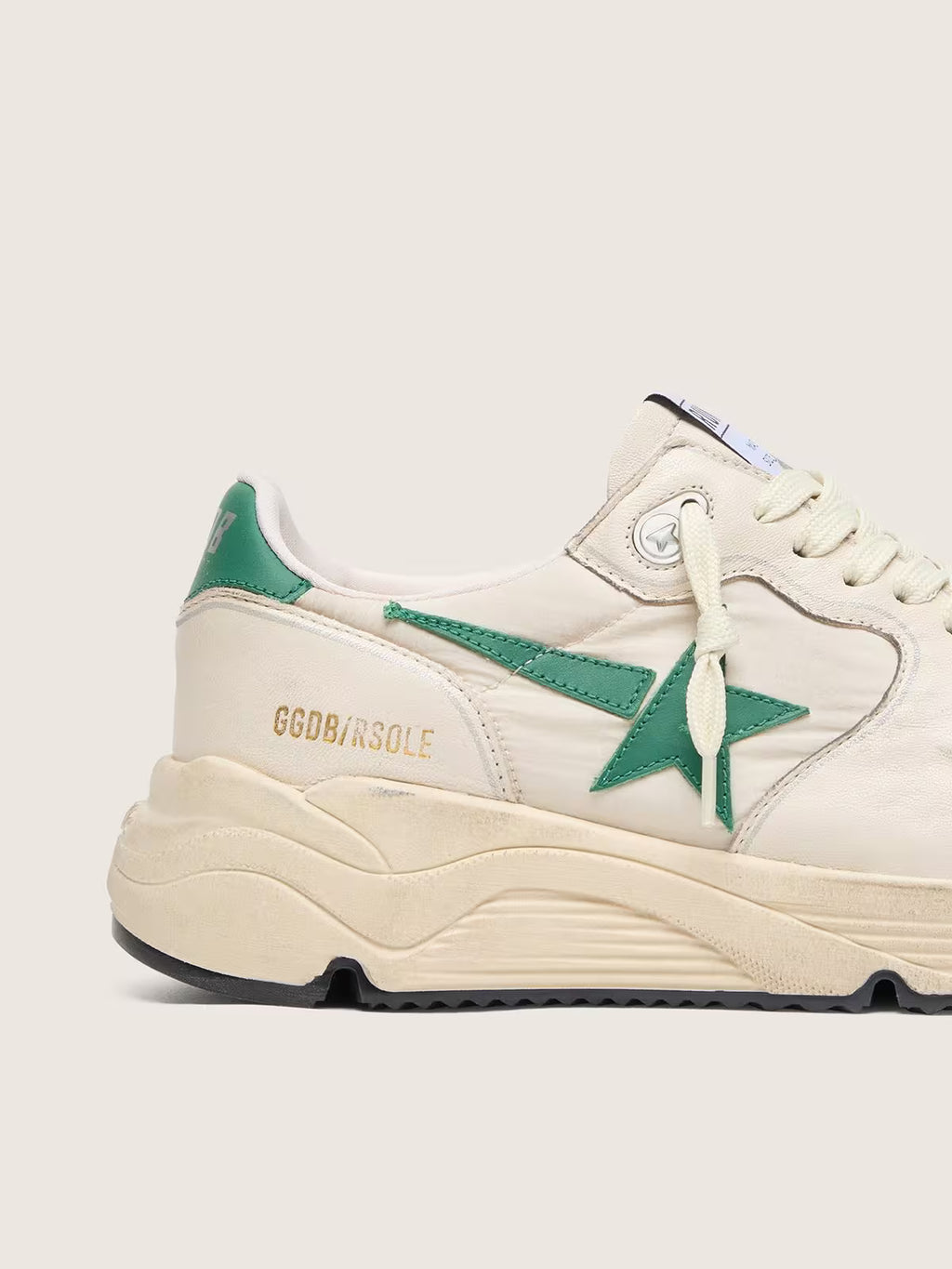 Golden Goose Running Sole in cream nylon and leather with green leather star