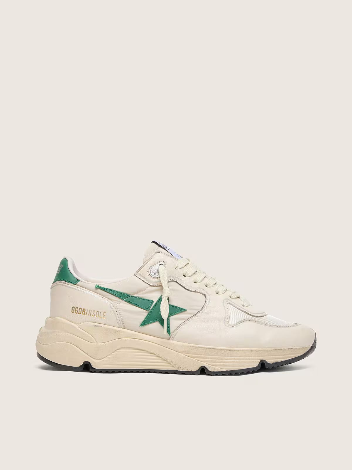 Golden Goose Running Sole in cream nylon and leather with green leather star