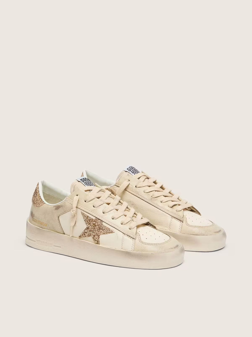 Golden Goose Stardan in ecru nappa leather with gold glitter star and heel tab