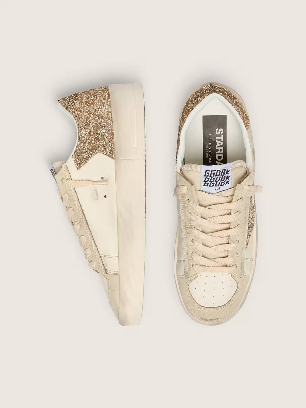 Golden Goose Stardan in ecru nappa leather with gold glitter star and heel tab