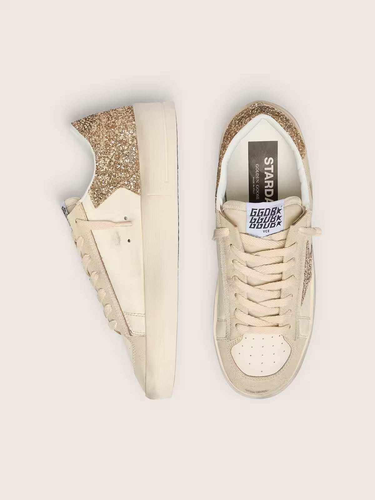 Golden Goose Stardan in ecru nappa leather with gold glitter star and heel tab