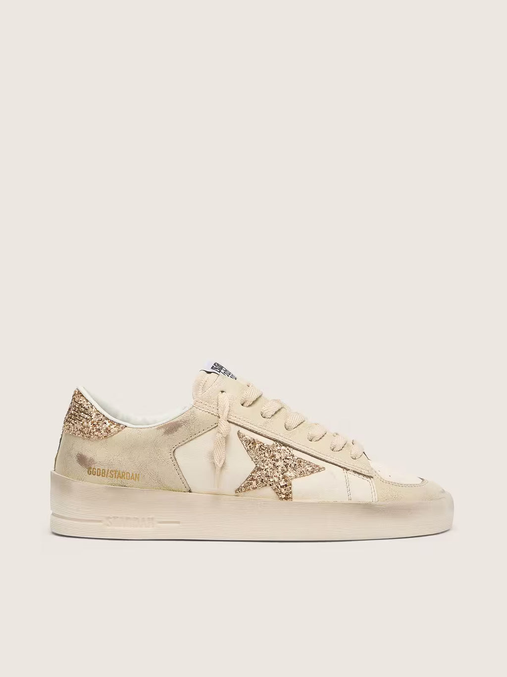 Golden Goose Stardan in ecru nappa leather with gold glitter star and heel tab
