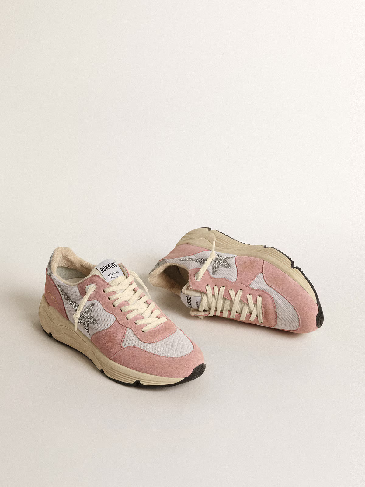 Golden Goose Running Sole in gray mesh and suede with silver glitter star
