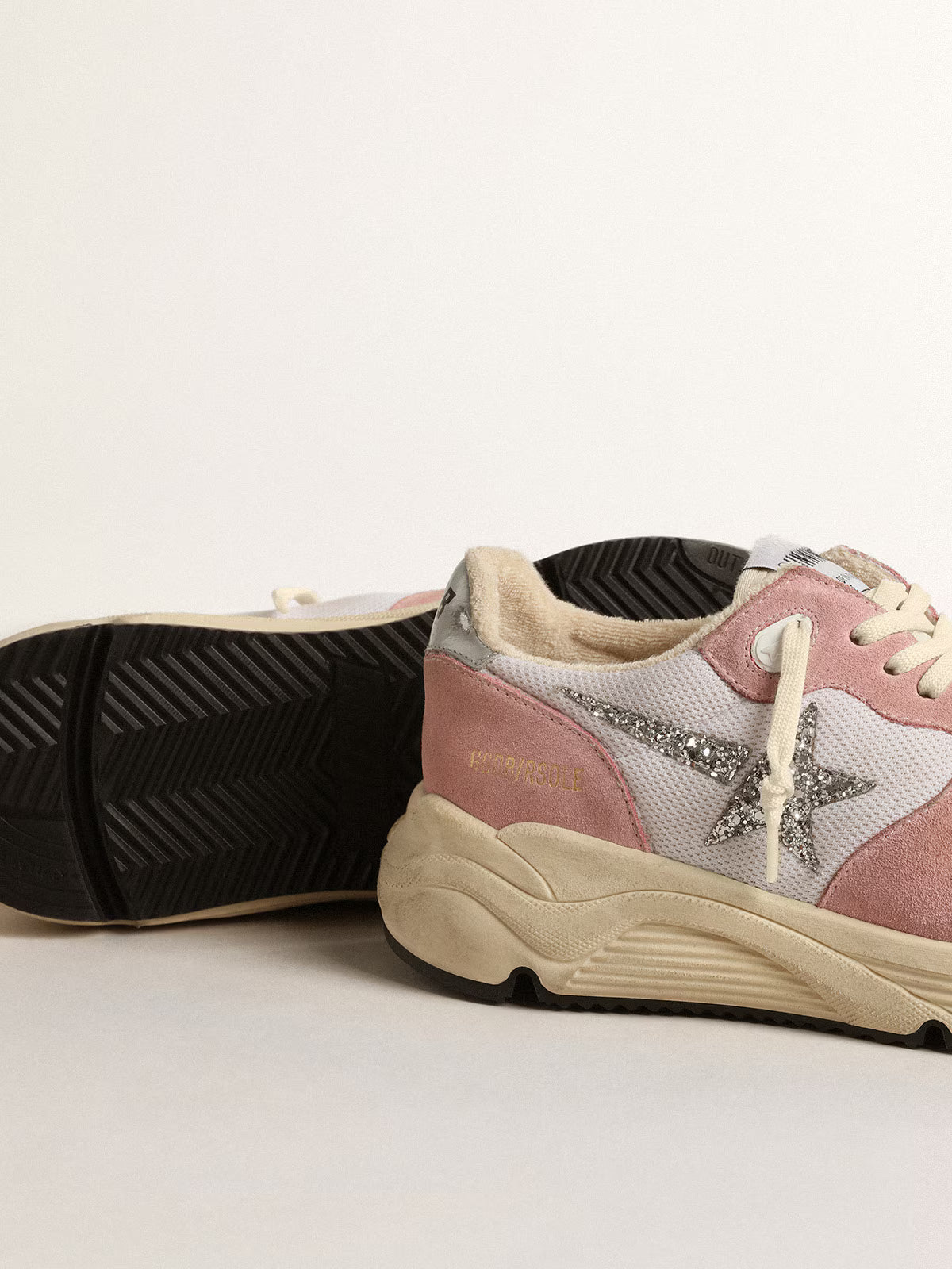 Golden Goose Running Sole in gray mesh and suede with silver glitter star