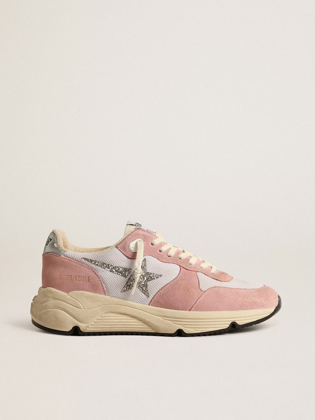 Golden Goose Running Sole in gray mesh and suede with silver glitter star