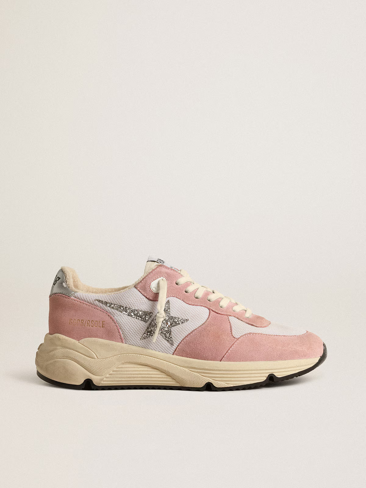 Golden Goose Running Sole in gray mesh and suede with silver glitter star