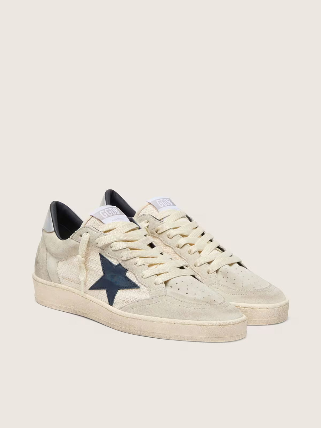 Golden Goose Ball Star LTD in gray suede with blue star and cream-colored crochet inserts