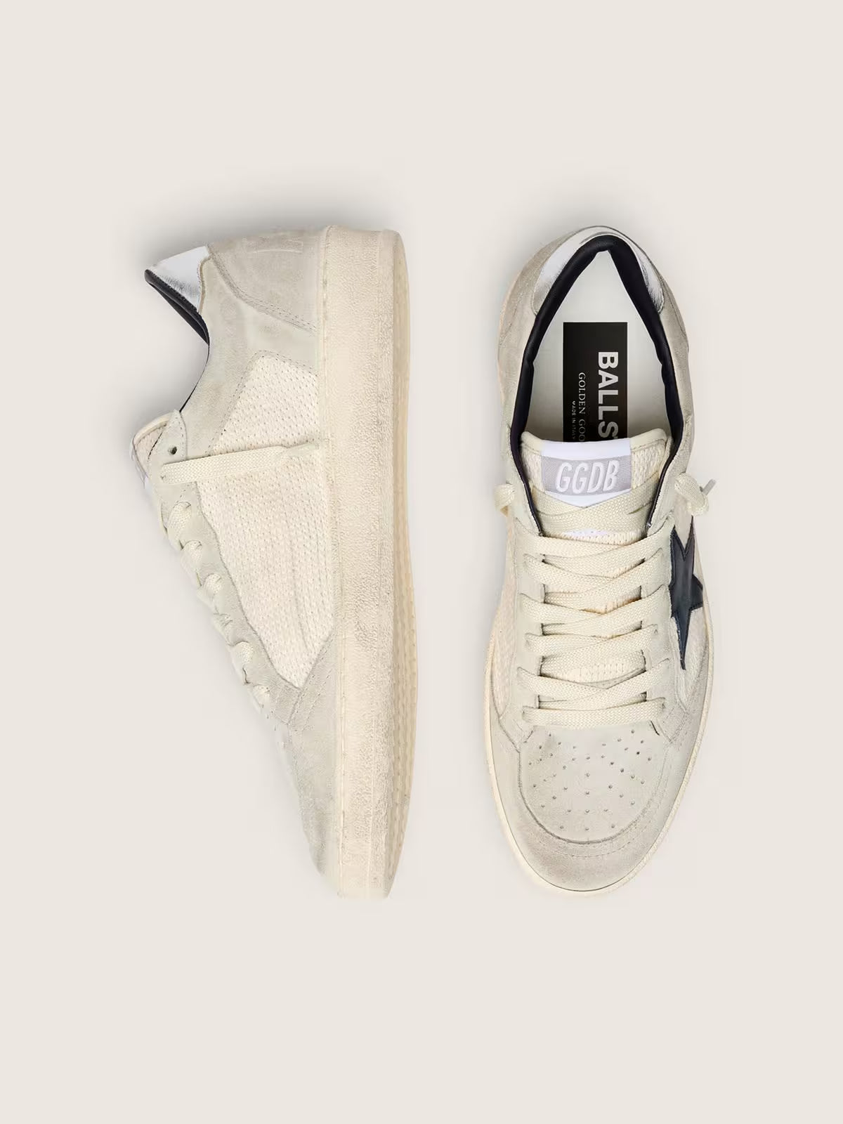 Golden Goose Ball Star LTD in gray suede with blue star and cream-colored crochet inserts
