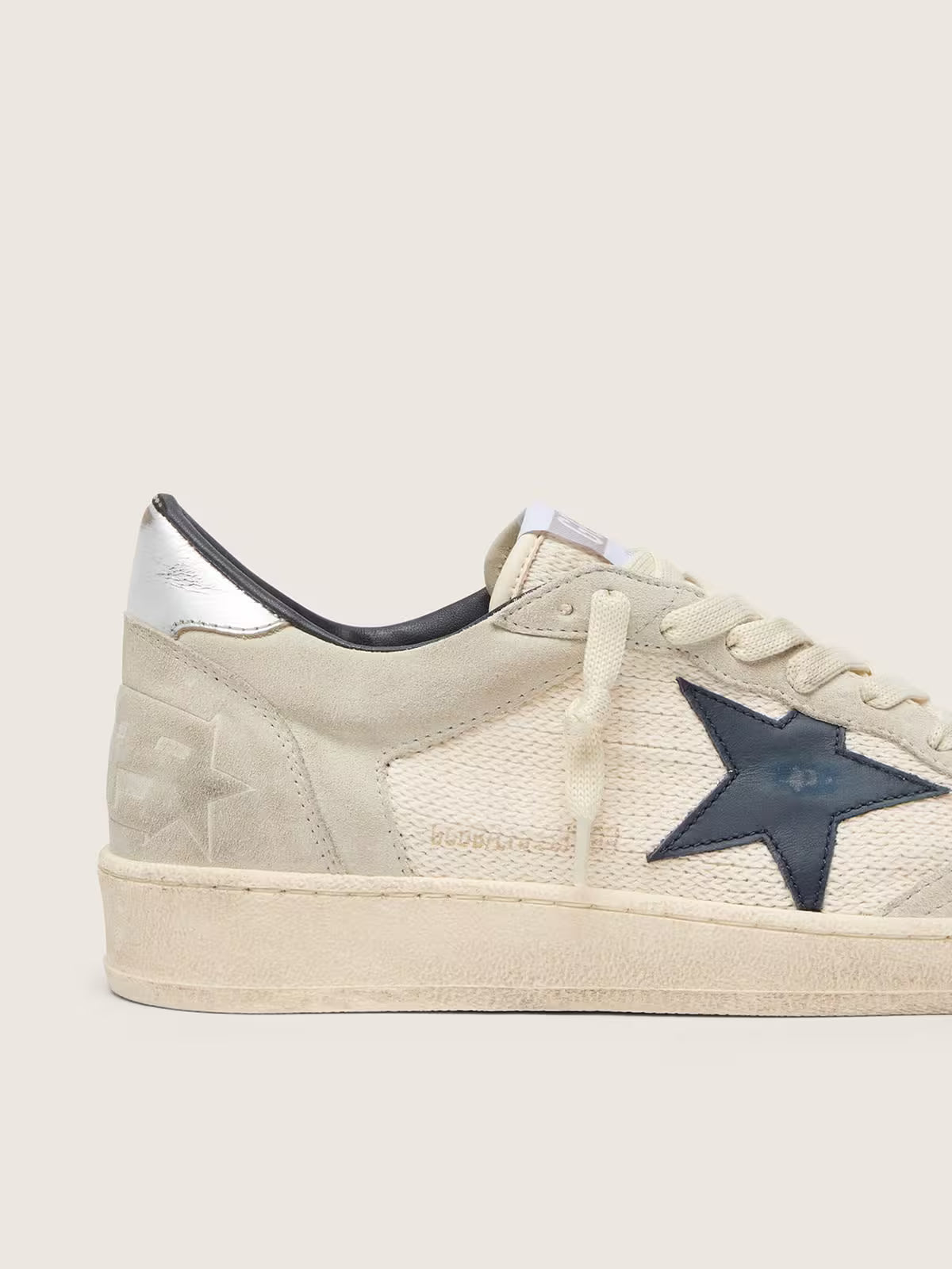 Golden Goose Ball Star LTD in gray suede with blue star and cream-colored crochet inserts
