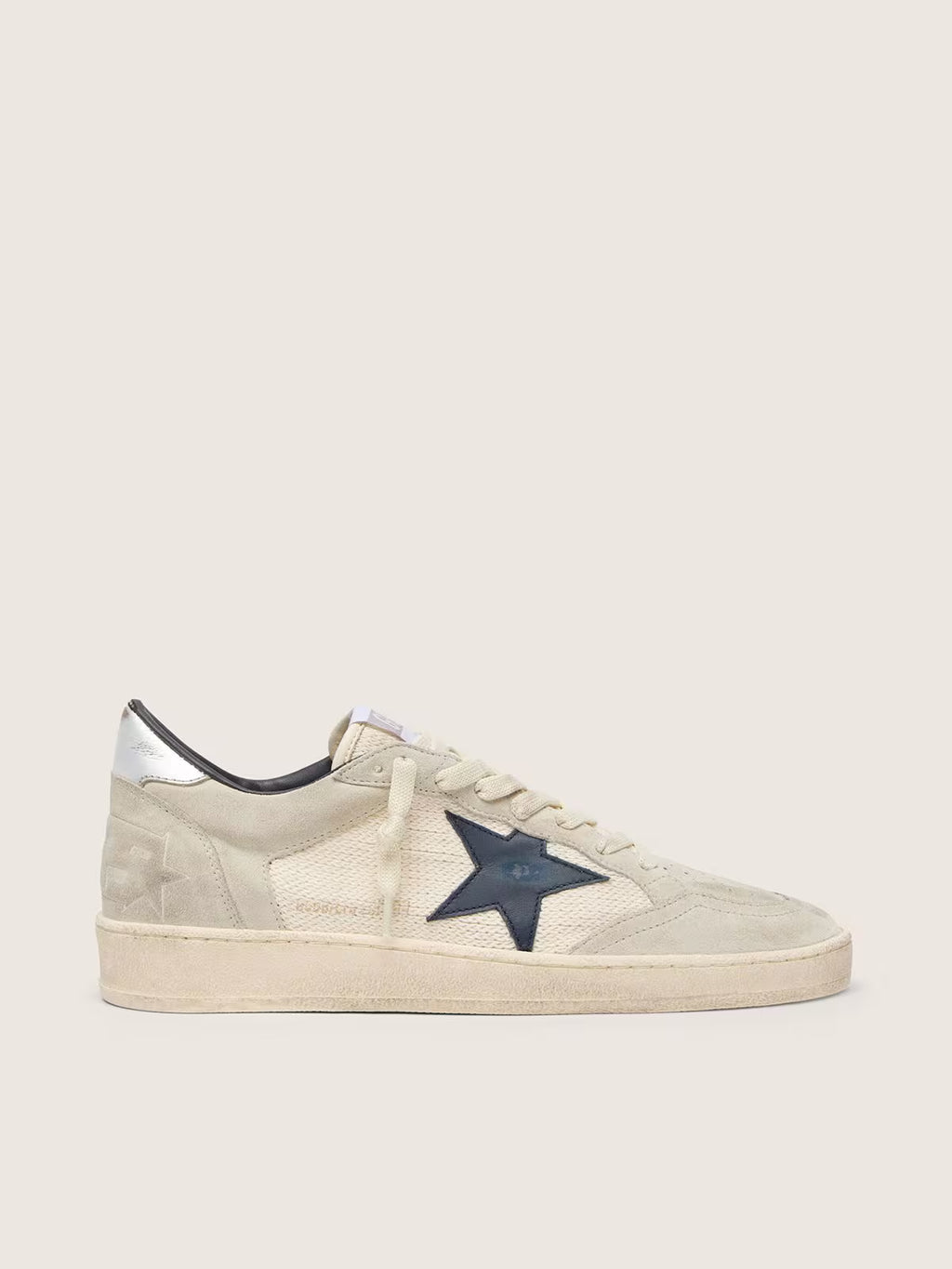 Golden Goose Ball Star LTD in gray suede with blue star and cream-colored crochet inserts
