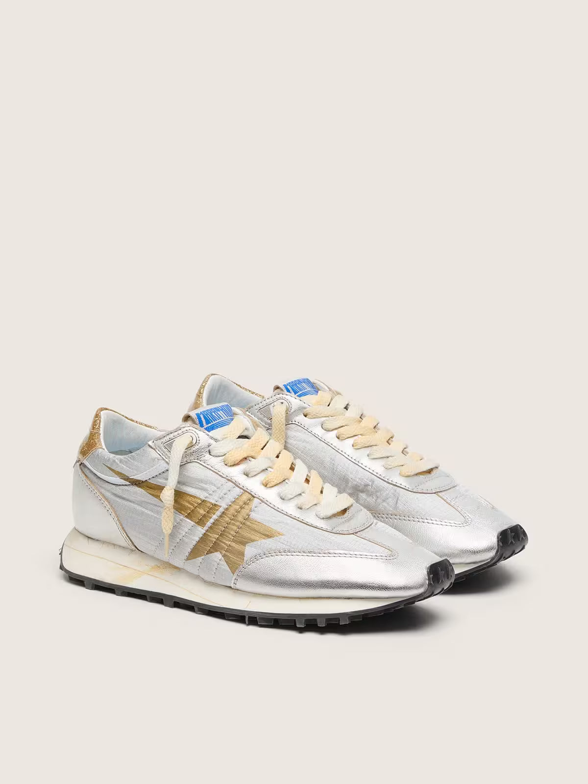 Golden Goose Marathon with silver ripstop nylon upper and gold star