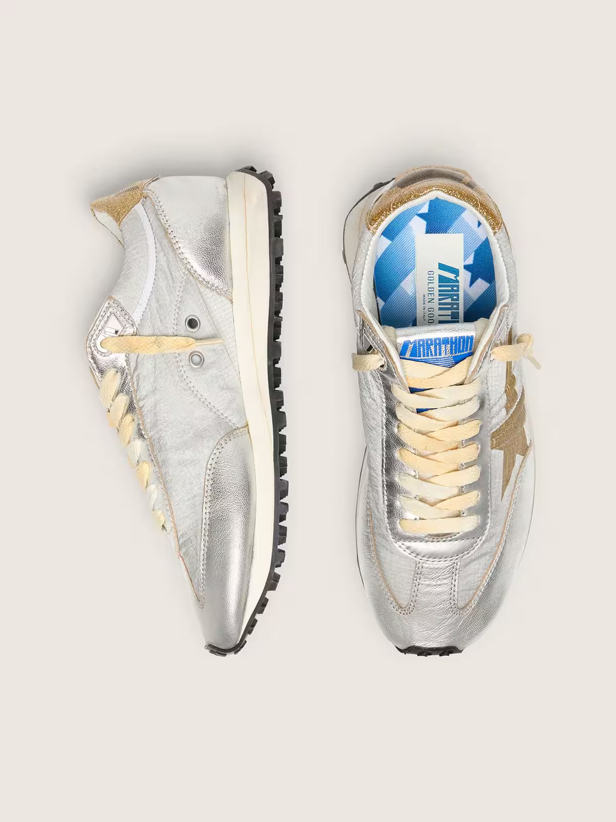Golden Goose Marathon with silver ripstop nylon upper and gold star
